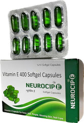 Neurocip E - Vitamin E 400 Capsule For Beautiful Skin, Healthy Hair And Eyes | 100 Capsules, 200gm 0.4lbs