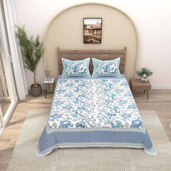 Traditional Rajasthani Design Bedsheet With 2 Pillow Covers - 90 X 108 Inches, Sky Blue | Color Fade Resistant & Shrinkage Resistant For All-Season Use
