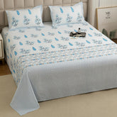 1 Piece Cotton Bedsheet For King Size With 1 Pillow Cover - 108 X 108 Inches, White & Light Blue | Soft & Durable For Everyday Use & Bedroom - All Season Comfort