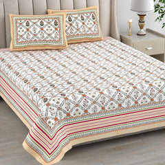Cotton Queen Size Bedsheet For Double Bed With 2 Pillow Covers | 90 X 108 Inches, White & Orange | Cotton Bedsheet Is Suitable For All Seasons | Ultra-Soft, Skin-Safe & Breathable Fabric