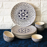 Mermaid Tales Hand Painted Ceramic Dinner Set - 12 Piece, White & Indigo | 6 Dinner Plates + 6 Katori Serving Bowls, 180ml Each | Serving For 6, Microwave Safe & Dishwasher Safe
