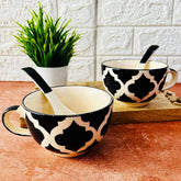 Black Moroccan Hand Painted Handled Ceramic Soup Bowls With Spoons Set Of 2, 300ml Each | Ceramic Soup Cups - 2 Pieces, Microwave Safe & Dishwasher Safe