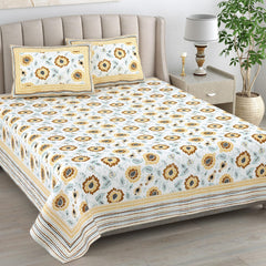 Cotton Queen Size Bedsheet For Double Bed With 2 Pillow Covers | 90 X 108 Inches, Yellow & White | Cotton Bedsheet Is Suitable For All Seasons | Ultra-Soft, Skin-Safe & Breathable Fabric