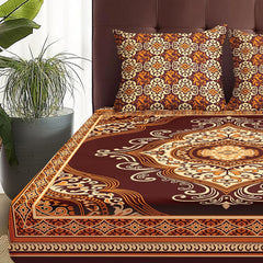 Premium Glace Cotton Bedsheet For King Size With 2 Pillow Covers - 88 X 100 Inches, Brown & Beige | Jaipuri Print Design Bedsheet | 210 Thread Count