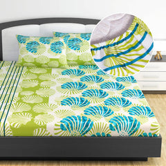 Printed King Size Double Bedsheet With 2 Pillow Cover For Bedroom | 72 X 78 Inches, White & Green - All Around Elastic Fitted | Ideal For Everyday Use