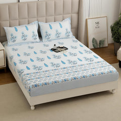 1 Piece Cotton Bedsheet For King Size With 1 Pillow Cover - 108 X 108 Inches, White & Light Blue | Soft & Durable For Everyday Use & Bedroom - All Season Comfort