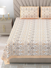 1 Queen Size Bedsheet For Double Bed With 2 Pillow Covers (90 X 108 Inches) White & Orange | Premium Cotton Material - Ideal For House, Hotel, Guest House