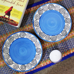 Blue Swirl Hand Painted Ceramic Quarter Plates Set Of 2 | Small Side Plates For Dinner & Snacks - 7 Inch, 2 Pieces, Microwave Safe