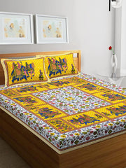 Rajasthani Jaipuri Bedsheets For Double Bed King Size With 2 Pillow Cover - 90 X 100 Inches, Yellow | Skin Friendly Fabric With Vibrant Colors