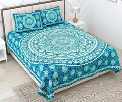 Pure 100% Cotton Double Bed Sheet With 2 Pillow Covers - 90 X 100 Inches, Blue & White | Beautifully Handcrafted Traditional Bedsheets - Skin Friendly Fabric