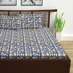 100% Pure Cotton Double Bedsheet For Queen With 2 Pillow Covers - 87 X 100 Inches, Navy & Orange | Soft & Durable For Everyday Use & Bedroom - All Season Comfort