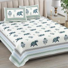 1 Queen Size Bedsheet For Double Bed With 2 Pillow Covers (95 X 108 Inches) Cream & Green | Floral Print Designs - Breathable 100% Cotton Bedsheet Comfortable