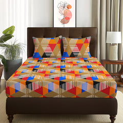 Queen Size Bedsheet With 2 Matching Pillow Covers - 88 X 100 Inches, Multicolor | All Around Elastic Fitted Breathable & Soft Touch Bedsheet