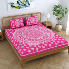 Printed Jaipuri Bedsheet For Double Bed With 2 Pillow Covers - 83 X 94 Inches, Pink | Long Lasting & Soft 120 Thread Count Bedsheet