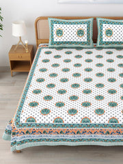 Sanskriti Bedsheet For Double Bed King Size With 2 Pillow Cover - 90 X 108 Inches, Green & White | Soft, Durable & Stylish | Breathable & Skin-Friendly