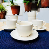 Subhra Ceramic Cups & Saucers Set Of 6 | White Matte Finish Tea Cup Set Of 6 Cups + 6 Saucers For Tea, Coffee, Hot Drinks - 12 Pieces, 150ml, Microwave Safe