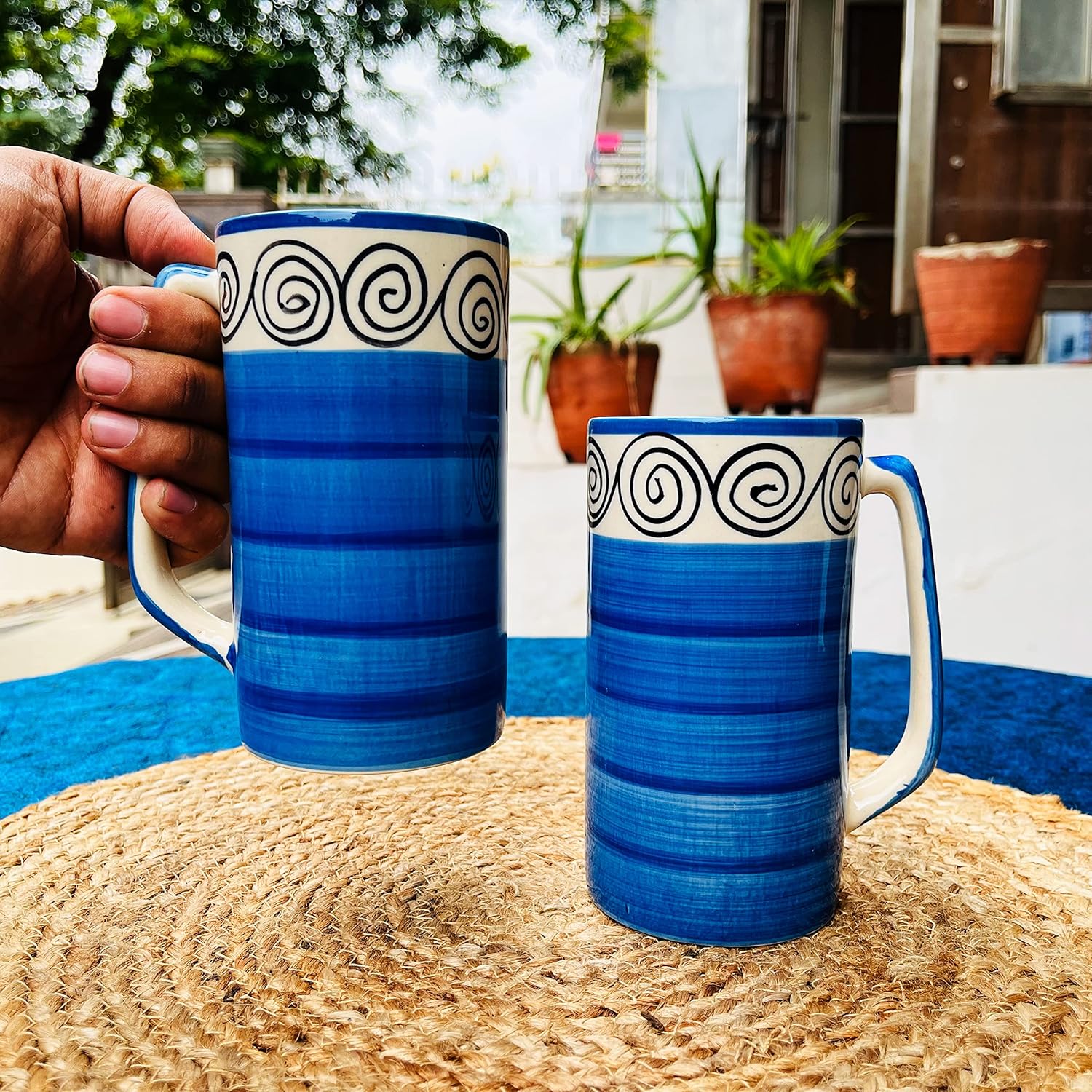 Hand Painted Blue Swirl Jumbo Ceramic Coffee Mug Set Of 2 - 500ml Each | Milk Mugs & Ceramic Beer Mugs Set Of 2 Large Mugs - Microwave Safe & Dishwasher Safe Hand Painted Blue Swirl Jumbo Ceramic Coffee Mug Set Of 2 - 500ml Each | Milk Mugs & Ceramic Beer Mugs Set Of 2 Large Mugs - Microwave Safe & Dishwasher Safe