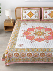 Traditional Rajasthani Cotton Bedsheet For King Size With 2 Matching Pillow Cover | 90 X 108 Inches, Rose Pink & White | Soft & Comfortable Fabric