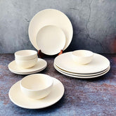 Subhra Handcrafted Ceramic Dinner Set - 12 Pieces | 4 Dinner Plates + 4 Katori Bowls, 180ml Each+ 4 Quarter Plates | Matte Finish White Dinnerware Set | Serving For 4, Microwave Safe