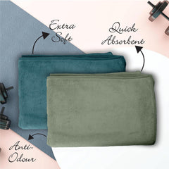 Housse Microfiber Hand Towel 400 Gsm | Premium Quality Towels Ultra Absorbent & Anti-Bacterial For Gym (Pacific Green & Lily PAD) - Pack Of 2