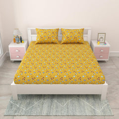 Pure Cotton Kids Bedsheet Double Bed Queen Size With 2 Pillow Covers | 90 X 100 Inches, Yellow & Blue | Fun Cartoon Theme, Soft & Breathable Fabric