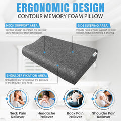 Contour Cervical Memory Foam Pillow, Orthopedic Pillow For Pain Relief, Grey - 12 X 20 Inch | Pillow For Neck & Shoulder Pain | Cervical Pillow For Neck Pain & Spinal Alignment - 1 Piece