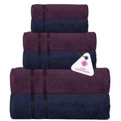Casa Copenhagen Ember Collection 2.O 100% Super Soft Cotton 2 Bath, 2 Hand Towels & 2 Washcloths 1700 Gsm (Navy & Purple) - 6 Piece