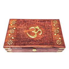 Wooden Om Box For Good Luck, Jewellery Box Decorative Case, Kit, Vanity, Organiser For Women, Necklaces, Cash, Gold 10 X 6 Om Engraved, Colour - Brown, Material - Rosewood