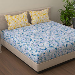 Blue & Yellow King Size Bedsheet With 2 Pillow Covers - 108 X 108 Inches | Cotton Bed Sheets Are Easy To Wash And Maintain At Home