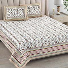 Bedsheet For Queen Bed With 2 Pillow Covers - 90 X 108 Inches, Brown & White | Pure Cotton Traditional Jaipuri Printed | Ideal For Both Everyday Use & Special Events