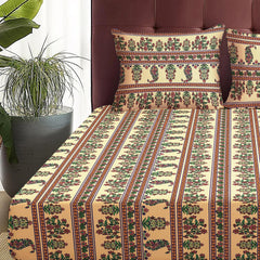 Elastic Fitted Queen Size Bedsheet With 2 King Size Pillow Covers - 71 X 77 Inches, Beige & Green | Ideal For House, Hotel, Guest Room