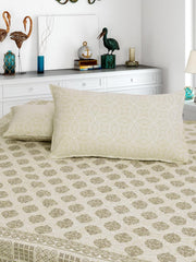 Handloom Printed Double Bedsheet For Queen Size With 2 Matching Pillow Cover | Size 90 X 100 Inches, Beige - Cotton Bedsheets For Double Bed | Soft & Smooth