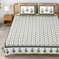 Traditional Rajasthani Cotton Bedsheet For King Size With 2 Matching Pillow Cover | 90 X 108 Inches, Sap Green & White | Soft & Comfortable Fabric