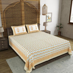 Traditional Hand Block Printed Cotton King Size Bedsheet With 2 Pillow Covers, 90 X 108 Inches, White | 200 Thread Count-Vibrant Bedding For Stylish Bedrooms