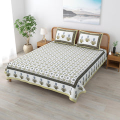 Traditional Rajasthani Cotton Bedsheet For King Size With 2 Matching Pillow Cover | 90 X 108 Inches, Sap Green & White | Soft & Comfortable Fabric