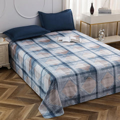 Bedsheets For Double Bed With 2 Pillow Cover - 92 X 98 Inches, Off White & Blue | Satin Finish Microfiber Queen Size Bedsheet | Skin Friendly & Breathable Fabric
