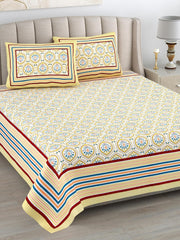 Bedsheet For Queen Bed With 2 Pillow Covers - 90 X 108 Inches, Yellow | Pure Cotton Traditional Jaipuri Printed | Ideal For Both Everyday Use & Special Events