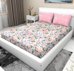 Elastic Fitted Bedsheets For King Size Bed With 2 Pillow Covers - 72 X 78 X 8 Inches, Cream & Pink | Ideal For Hotel, House, Guest House