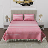210 TC Double Bedsheet With Two Pillow Cover - Queen Size 90 X 100 Inches, Pink & White | Handloom Cotton Bedsheets For Double Bed | All Season Comfort