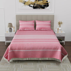 210 TC Double Bedsheet With Two Pillow Cover - Queen Size 90 X 100 Inches, Pink & White | Handloom Cotton Bedsheets For Double Bed | All Season Comfort
