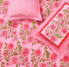 100% Cotton King Size Double Bedsheet With 2 Pillow Covers - 90 X 100 Inches, Pink | Traditional Floral Rajasthani Jaipuri Bedsheet