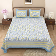1 Queen Size Bedsheet For Double Bed With 2 Pillow Covers (90 X 108 Inches) White & Blue | Premium Cotton Material - Ideal For House, Hotel, Guest House