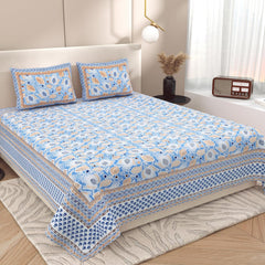 Double Bedsheet For King Size With 2 Matching Pillow Covers (90 X 108 Inches) Blue & Brown | Pure Cotton Jaipuri Bedsheet | Cotton Bedsheet Is Suitable For All Seasons
