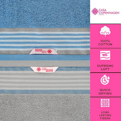 Casa Copenhagen Germany Design 2 Bath + 2 Hand & 2 Washcloths Towels 1800 Gsm | He & She Super Soft Collection 100% Cotton 6 Piece Towel Set - Grey Violet & Dusty Blue