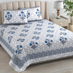 Printed Cotton Double Bedsheet For King Size With 2 Pillow Covers (95 X 108 Inches) Blue & Grey | 240 Thread Count - Pure Cotton Natural Fabric & Skin-Safe | Extra Soft & Wrinkle Free