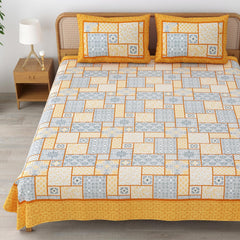 Traditional Rajasthani Cotton Bedsheet For King Size With 2 Matching Pillow Cover | 90 X 108 Inches, Mustard Yellow | Soft & Comfortable Fabric
