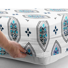 Fitted Bedsheets King Size With 2 Pillow Cover - 72 X 78 Inches, Cream & Blue | All Around Elastic Bedsheet - Crafted From Soft, Breathable Fabric