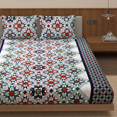 Cotton Elastic Fitted Bedsheet For King Size With 2 Pillow Covers | 72 X 78 Inches, Multicolor | Soft Cotton Feel, Wrinkle-Free, Breathable
