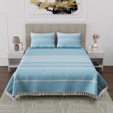 210 TC Double Bedsheet With Two Pillow Cover - Queen Size 90 X 100 Inches, White & Sky Blue | Handloom Cotton Bedsheets For Double Bed | All Season Comfort