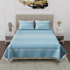 210 TC Double Bedsheet With Two Pillow Cover - Queen Size 90 X 100 Inches, White & Sky Blue | Handloom Cotton Bedsheets For Double Bed | All Season Comfort